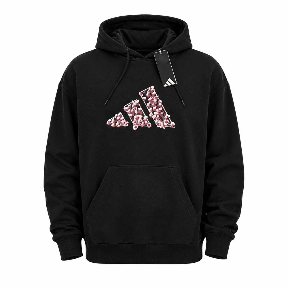 Adidas Trefoil Floral Logo Hoodie Womens M Black Pink  Flowers Pullover Fleece